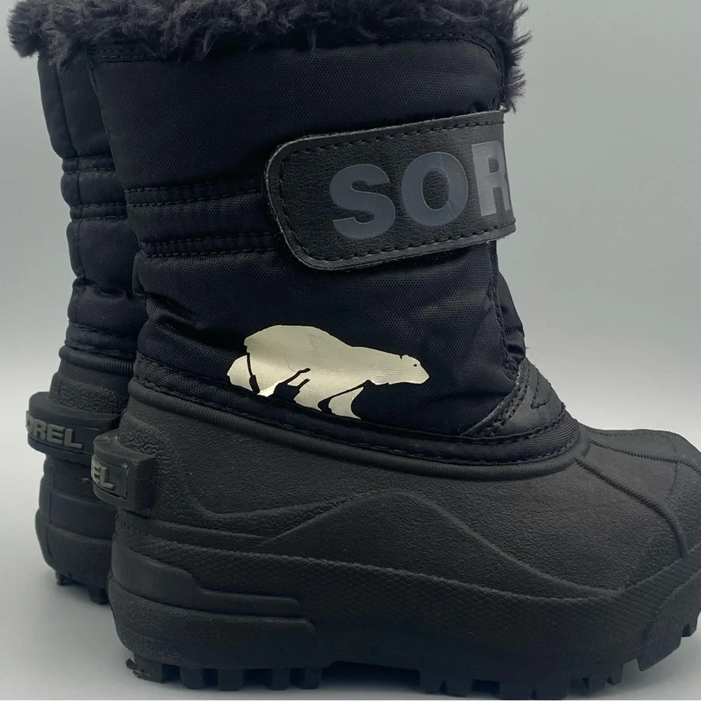 Sorel Kids Black Winter Boots with Cream Bear Accent